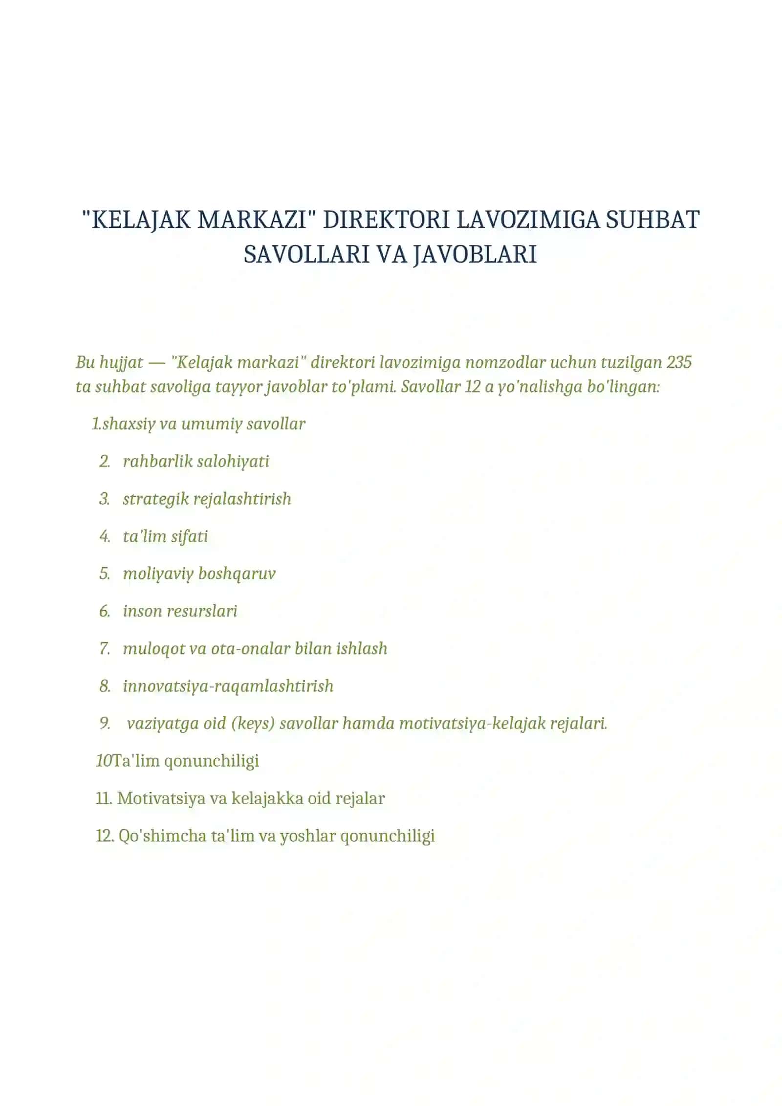 KELAJAK MARKAZLARI DIREKTORI SUHBAT SAVOLLARI 2