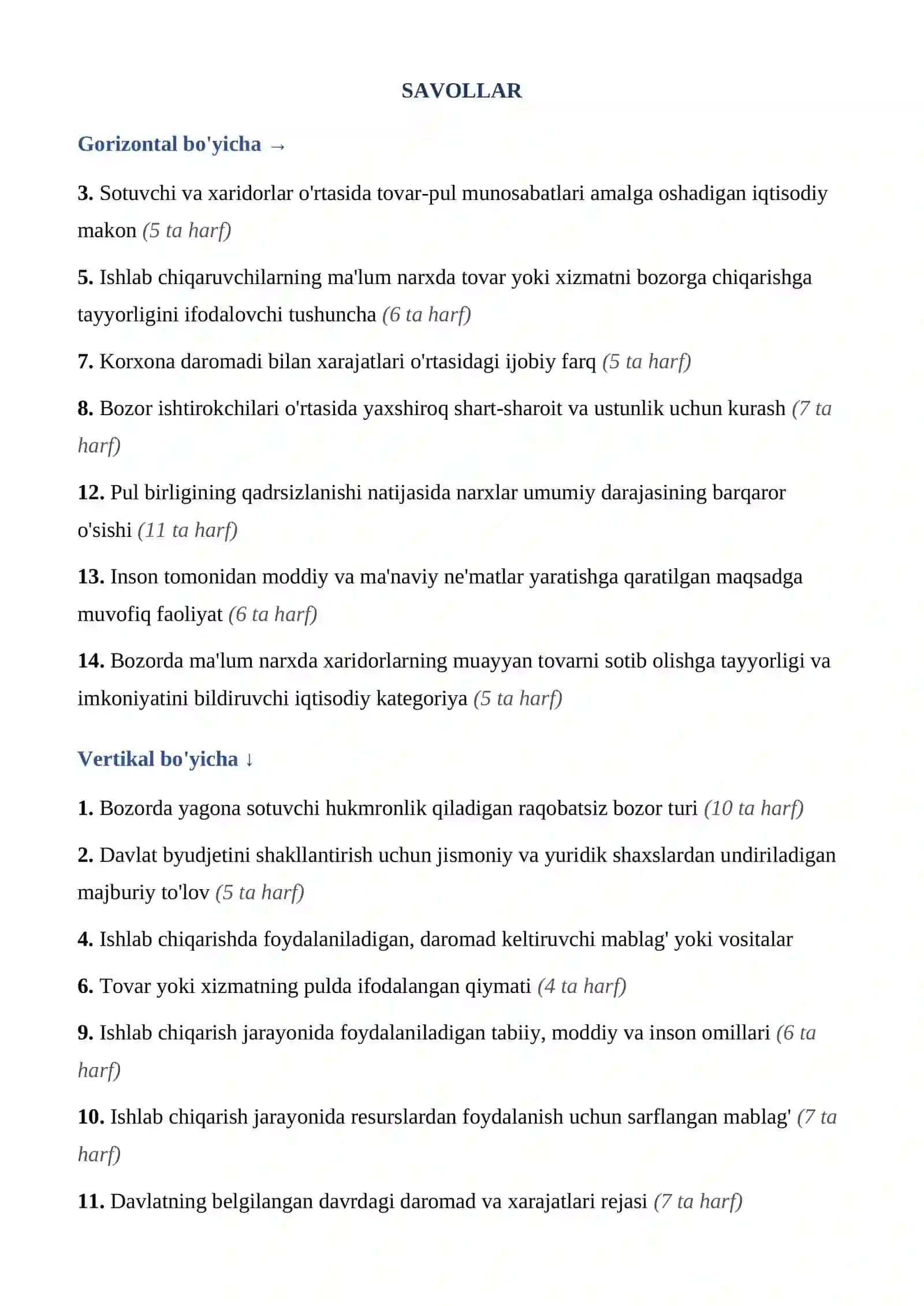 IQTISODIYOT NAZARIYASI FANIDAN KROSSVORD  IQTISODIYOT NAZARIYASI FANIDAN KROSSVORD 2