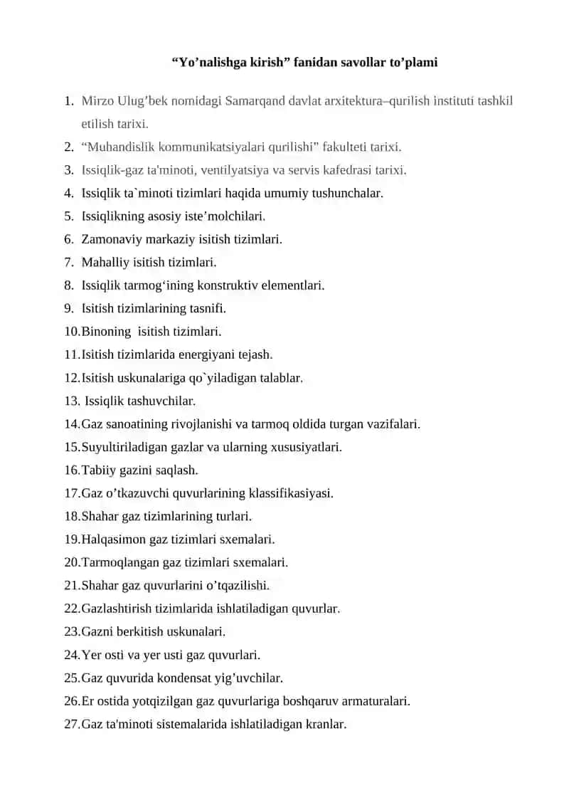 “YO’NALISHGA KIRISH” FANIDAN “ORALIQ NAZORAT” uchun savollar to’plami 2