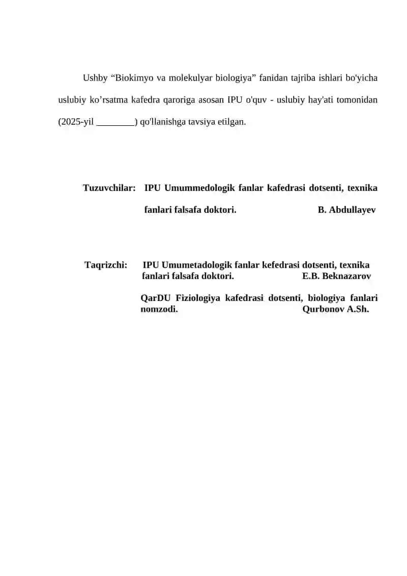 Uslubiy ko'rsatma "Biokimyo va molekulyar biologiya" fanidan tajriba ishlari 2