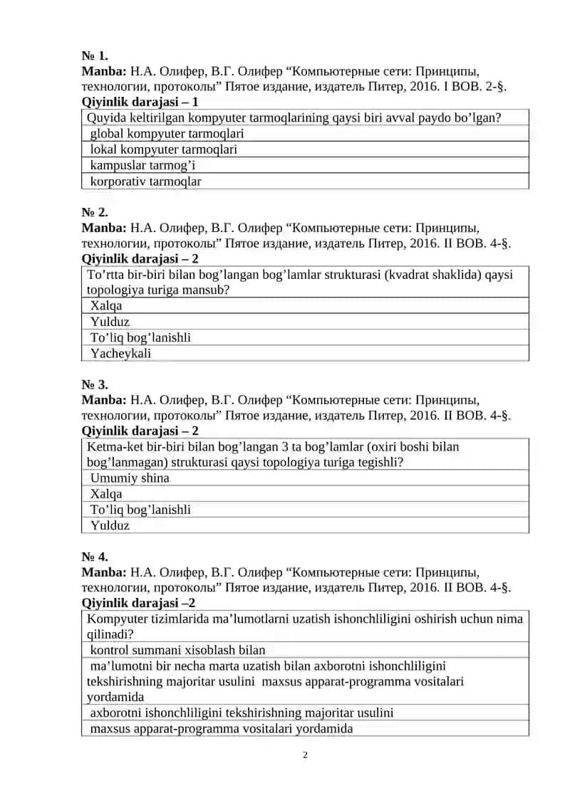 KOMPYUTER TARMOQLARI FANIDAN TEST SAVOLLARI 2