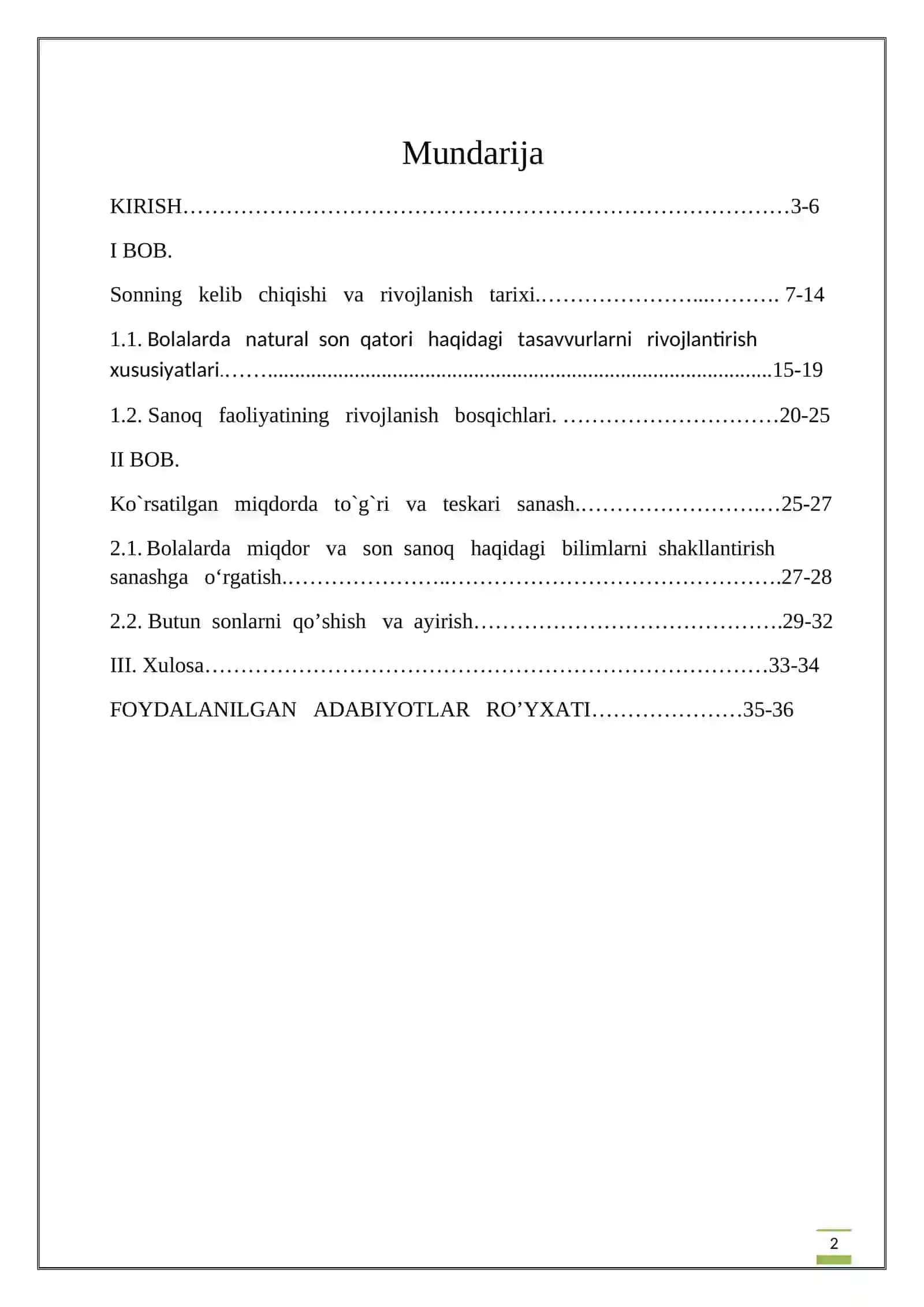 Bolalarda Son Sanoq va Butun Sonlar Qatori Haqidagi Tasavvurlarini Rivojlantirish Kurs Ishi 2