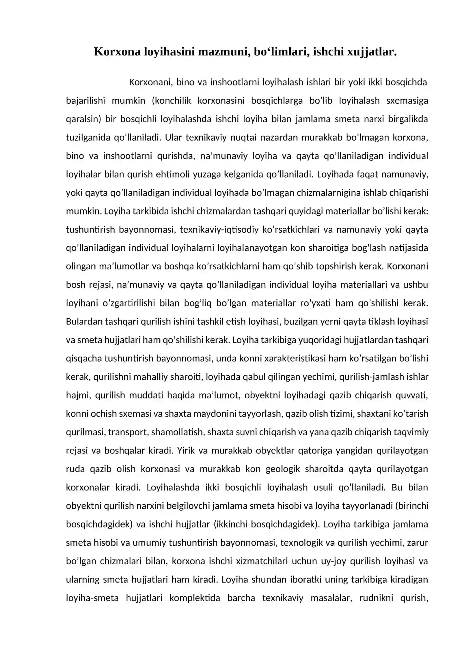 Korxona loyihasini mazmuni, bo‘limlari, ishchi xujjatlar 2