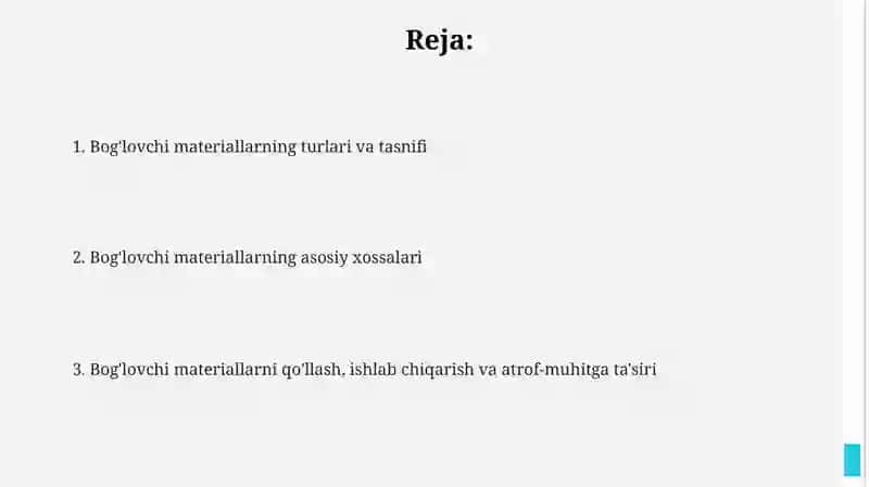 Bog'lovchi moddalarning turlari va xossalari 2