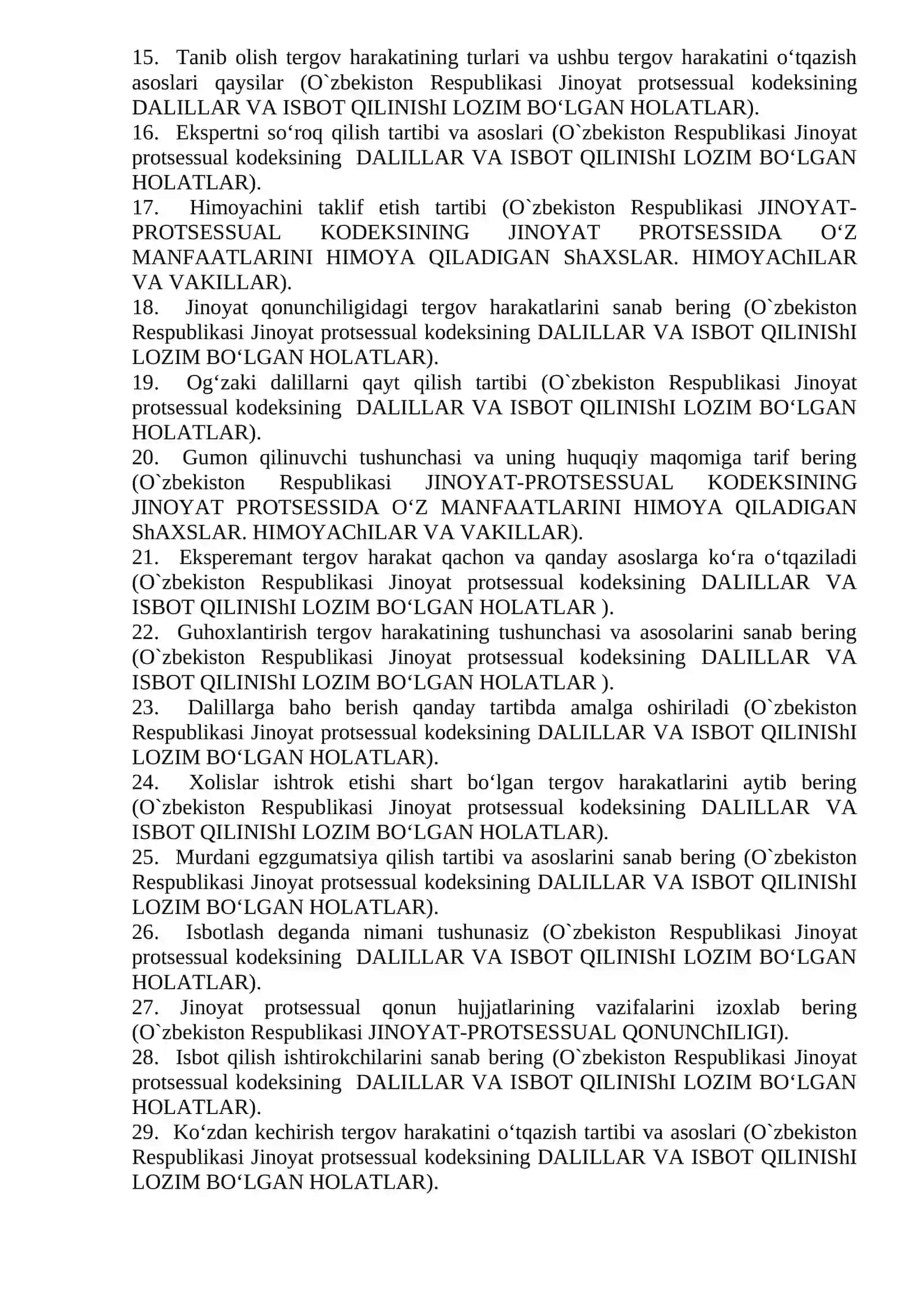 Jinoyat-protsessual huquqi fani bo‘yicha namunaviy yakuniy imtihon savollari 2