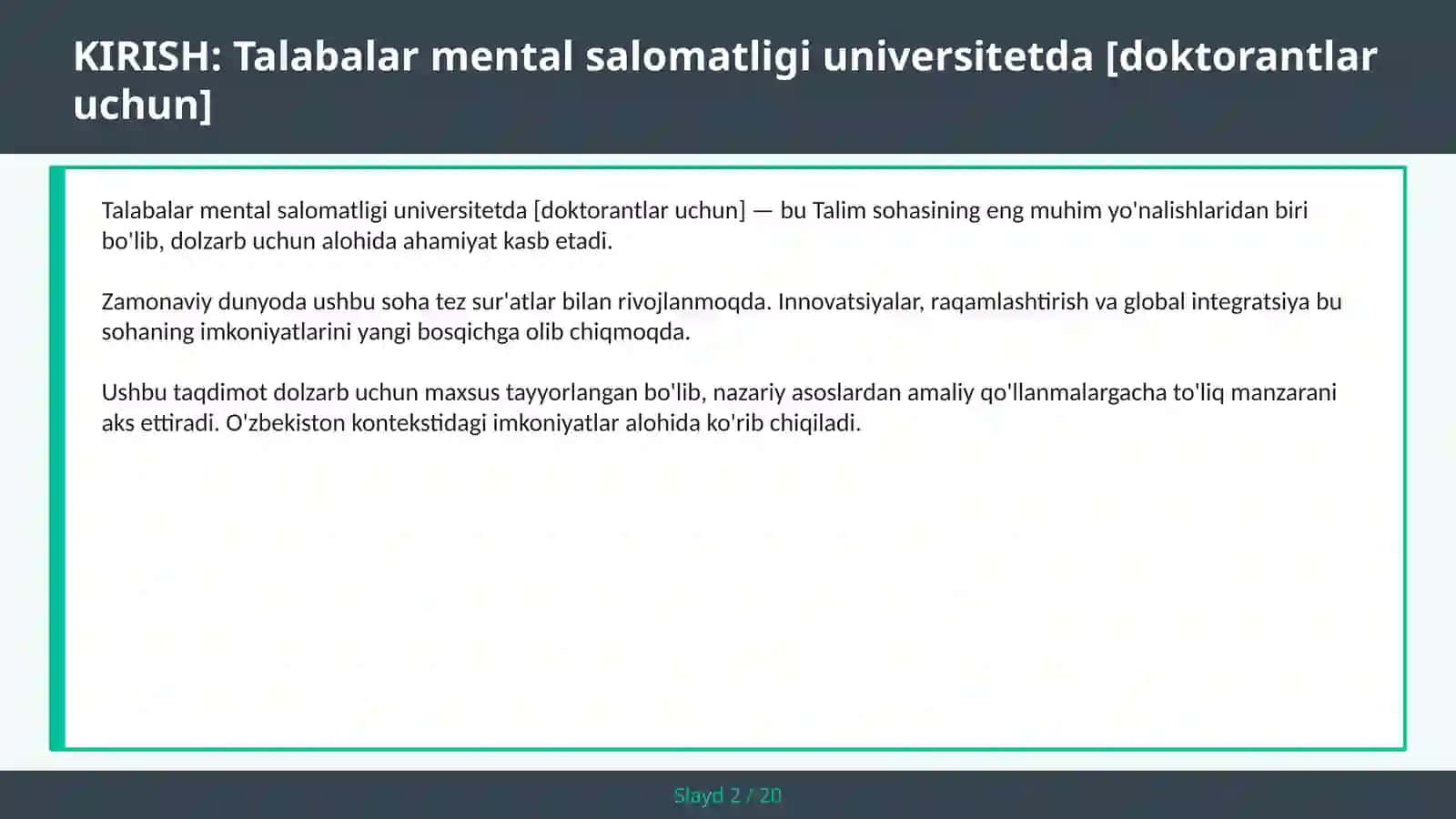 Talabalar mental salomatligi universitetda [doktorantlar uchun] 2