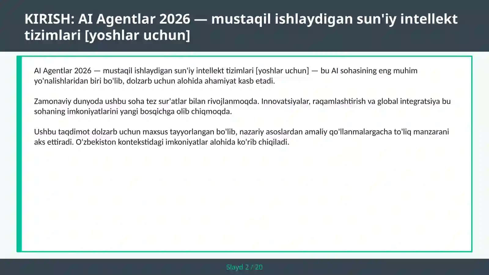 AI Agentlar 2026 — mustaqil ishlaydigan sun'iy intellekt tizimlari [yoshlar uchun] 2