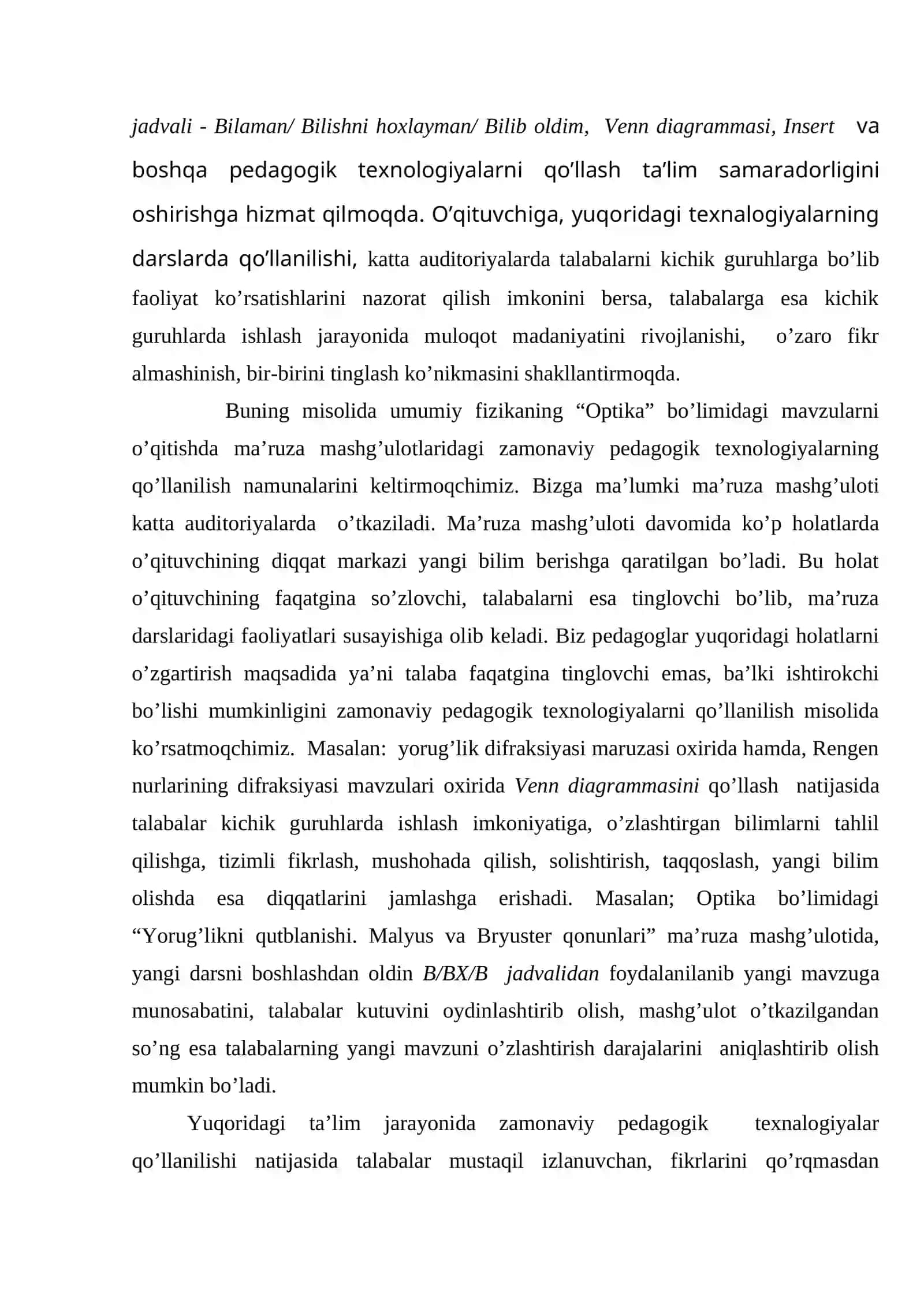 Interfaol metodlarning qo’llanishi fizika fanini o’qitish jarayonida 2