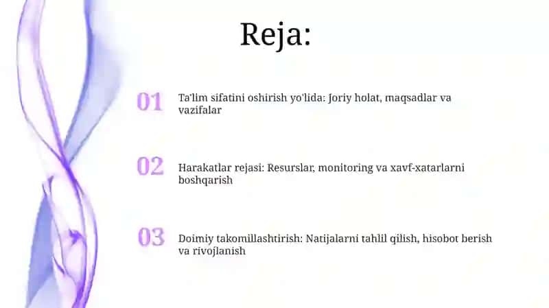 Oʻqitish sifatiga erishish boʻyicha harakatlar maqsadi va rejasi 2