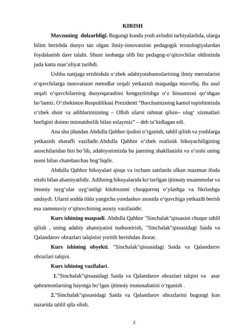 Sinchalak qissasidagi Saida va Qalandarov obrazlari talqini 2