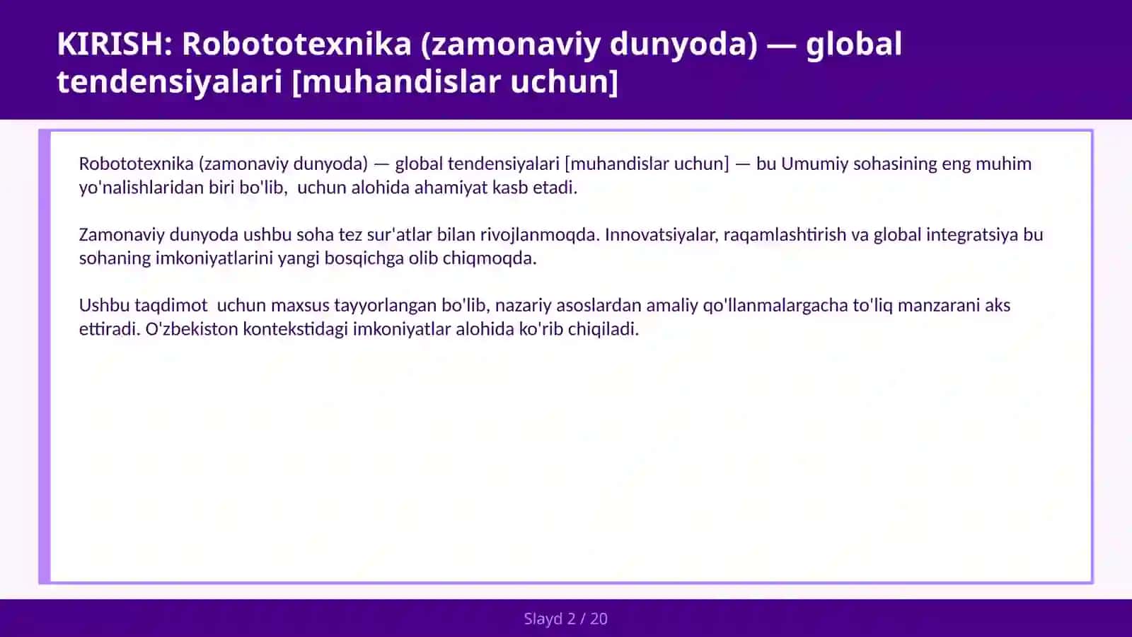 ROBOTOTEXNIKA (ZAMONAVIY DUNYODA) — GLOBAL TENDENSIYALARI [MUHANDISLAR UCHUN] 2