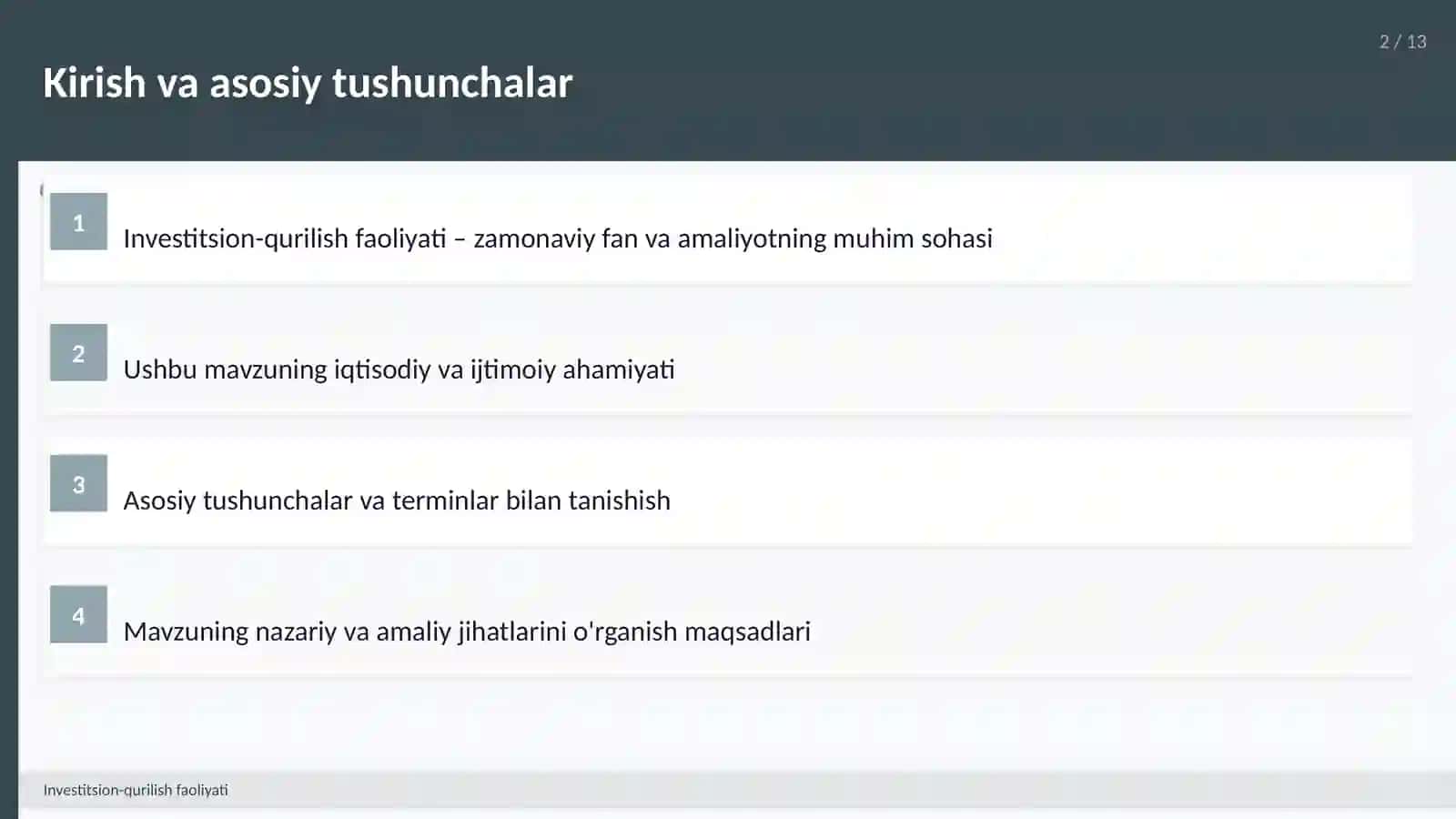 Tajdimot: Investitsion-qurilish faoliyati 2