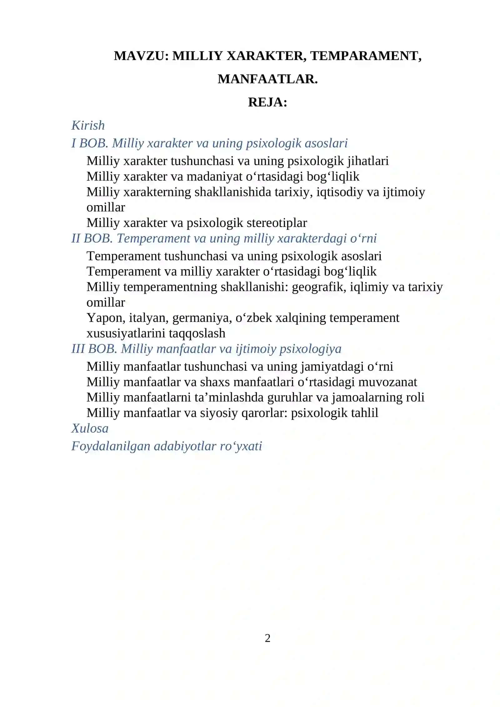 MILLIY XARAKTER, TEMPARAMENT, MANFAATLAR 2