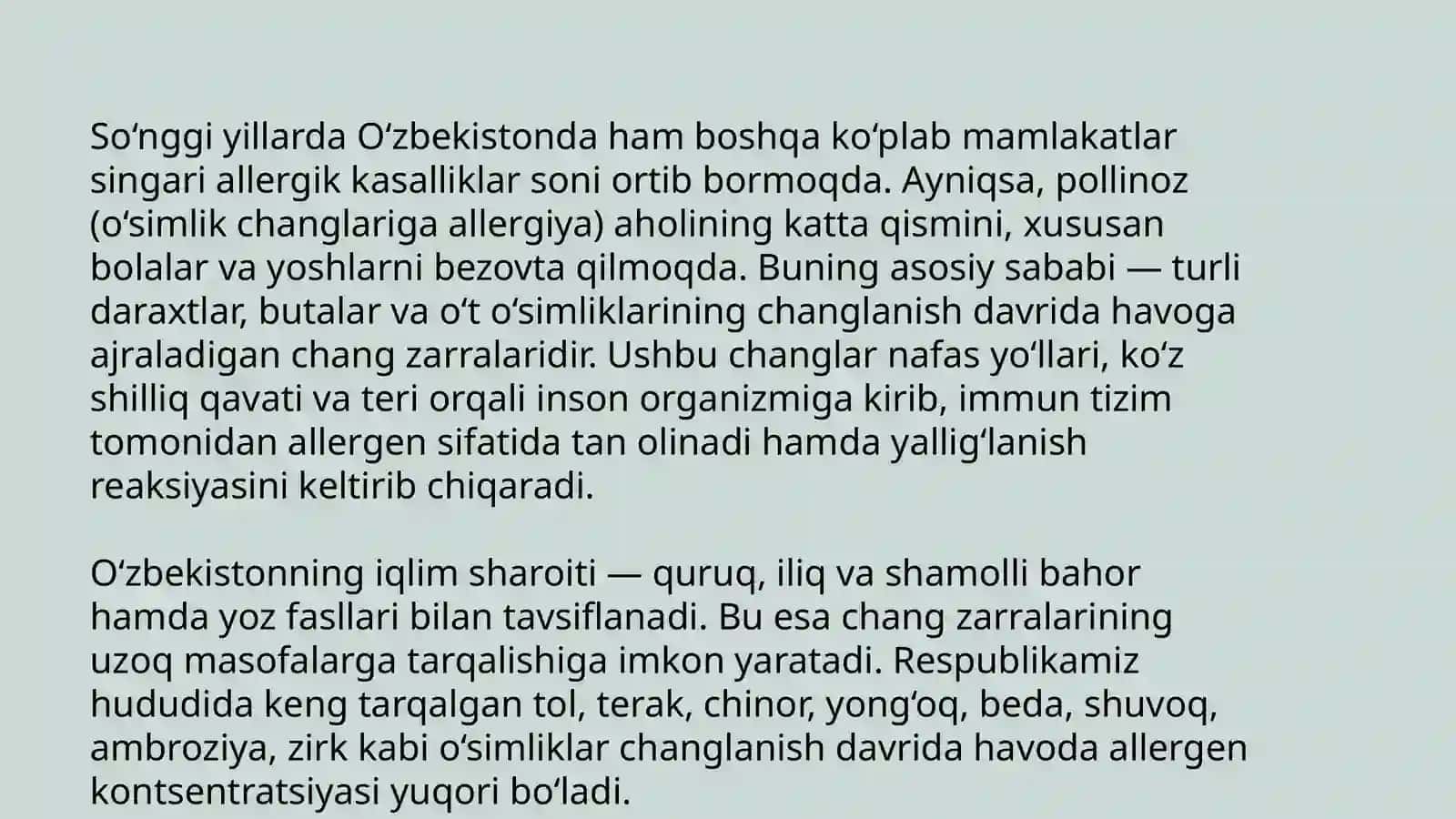 O'zbekistonda daraxtlar, butalar va o'simliklarning changlanish taqvimi va allergik kasalliklar profilaktikasida o'rni 2