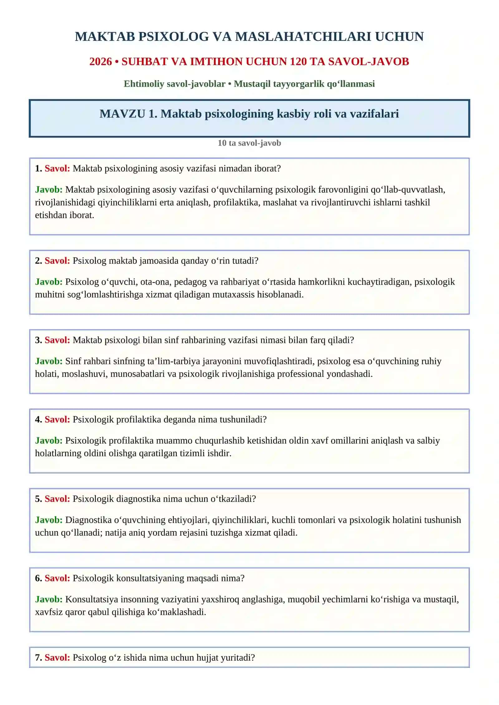 📘 MAKTAB PSIXOLOG VA MASLAHATCHILARI | 120 TA SUHBAT VA IMTIHON SAVOL-JAVOBI | PREMIUM QO‘LLANMA | 2026 2
