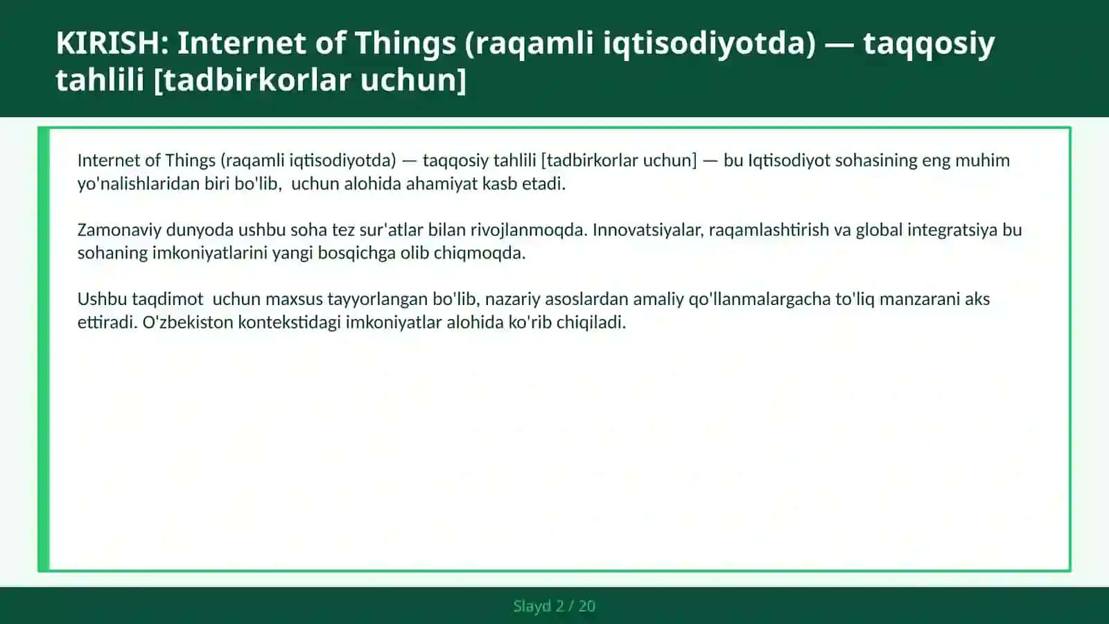 Internet of Things (raqamli iqtisodiyotda) — taqqosiy tahlili [tadbirkorlar uchun] 2