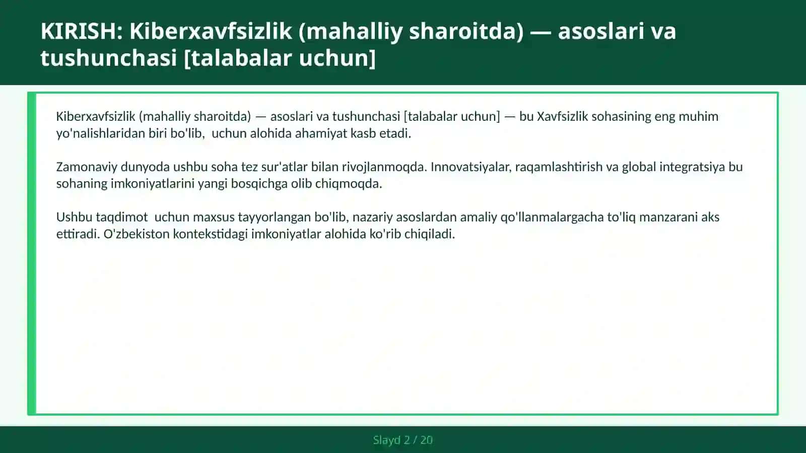 KIBERXAVFSIZLIK (MAHALLIY SHAROITDA) — ASOSLARI VA TUSHUNCHASI [TALABALAR UCHUN] 2
