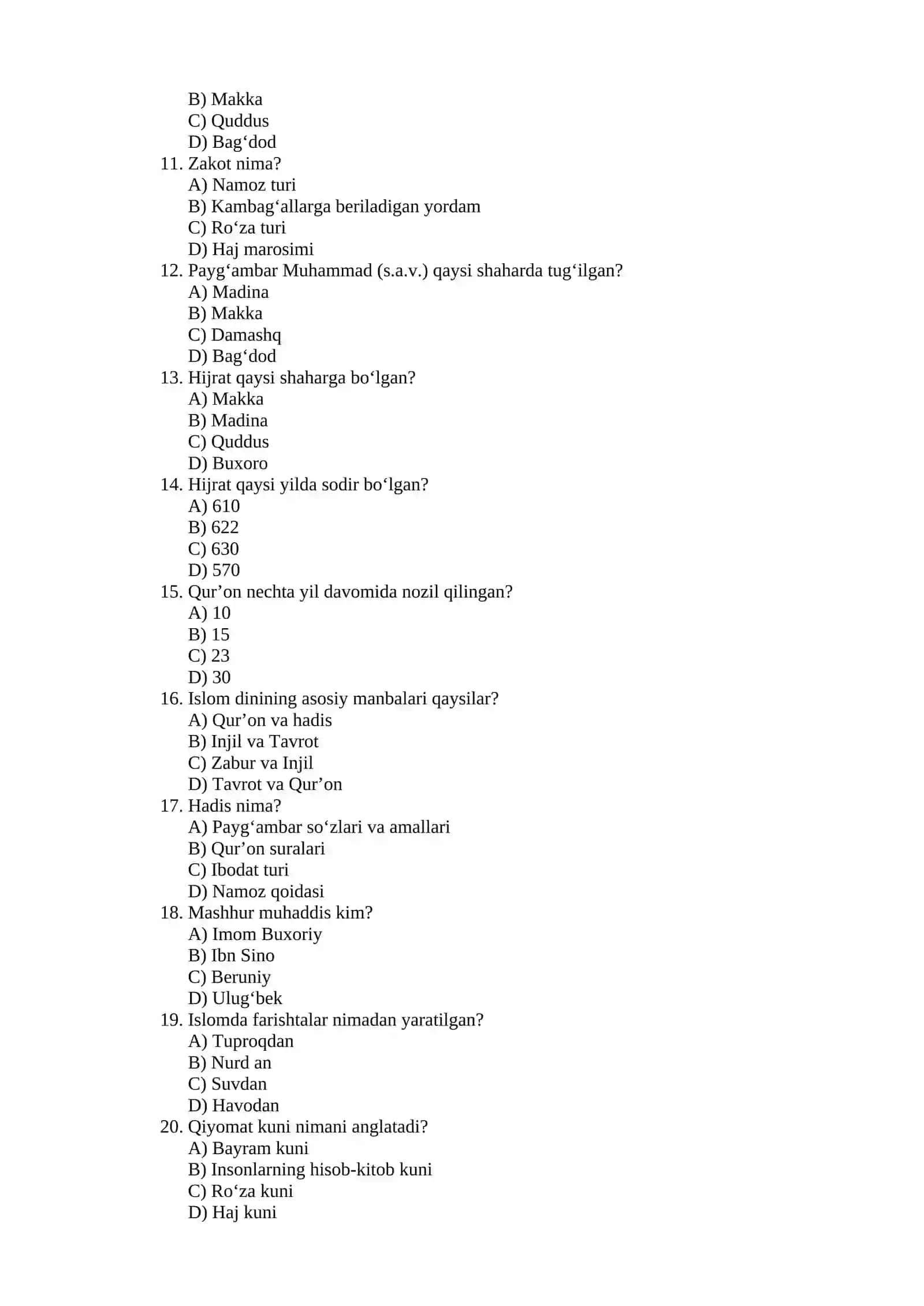 Islom dini (Test) 2