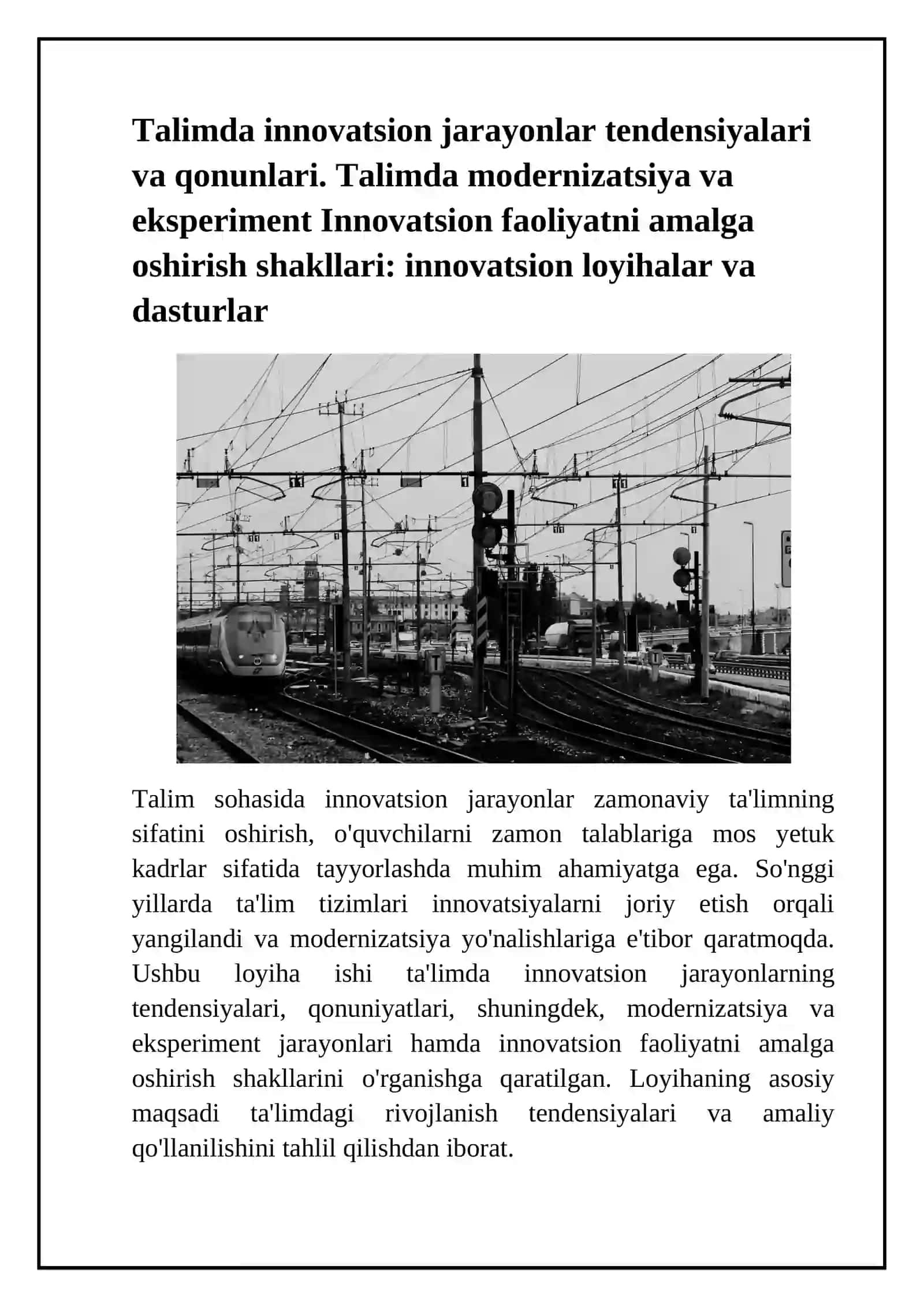 Talimda innovatsion jarayonlar tendensiyalari va qonunlari. Talimda modernizatsiya va eksperiment Innovatsion faoliyatni amalga oshirish shakllari: innovatsion loyihalar va dasturlar 2
