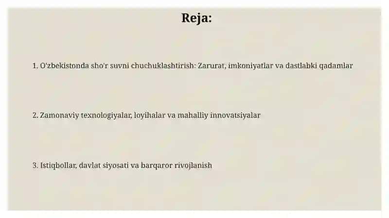 O'zbekistonda sho'r suvlarni chuchuklashtirish g'oyasinivyaratish 2