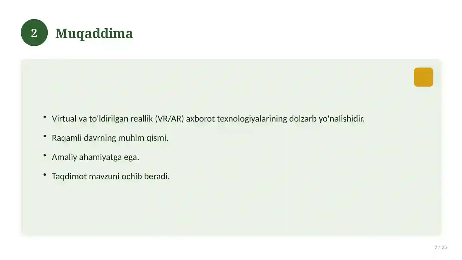 Virtual va to'ldirilgan reallik (VR/AR) 2