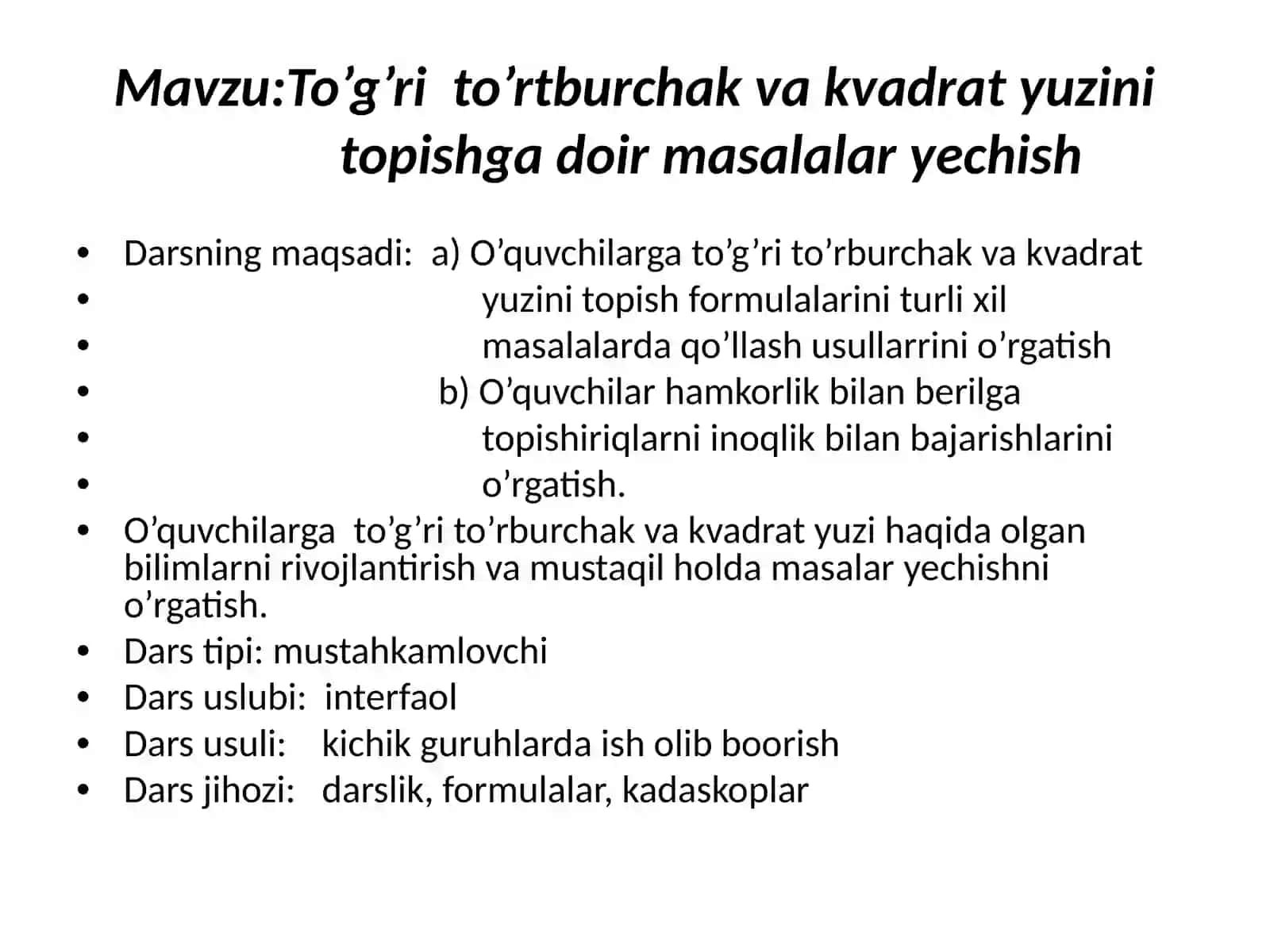 TO’G’RI TO’RTBURCHAK VA KVADRAT YUZINI HISOBLASHGA DOIR MASALAR YECHISH 2