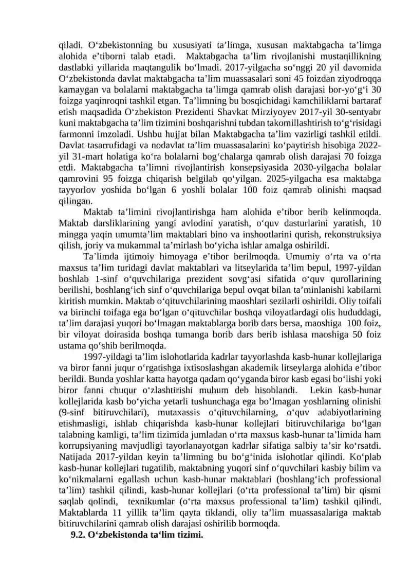 O‘zbekiston Respublikasida ta’lim sohasida amalga oshirilgan islohotlar 2