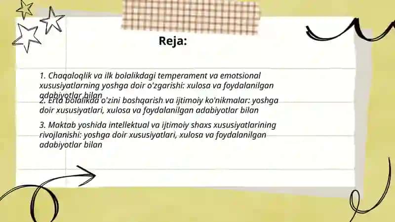 Shaxs xususiyatlarining yoshga doir xususiyatlari xulosa va foydalanilgan adabiyotlar bilan 2