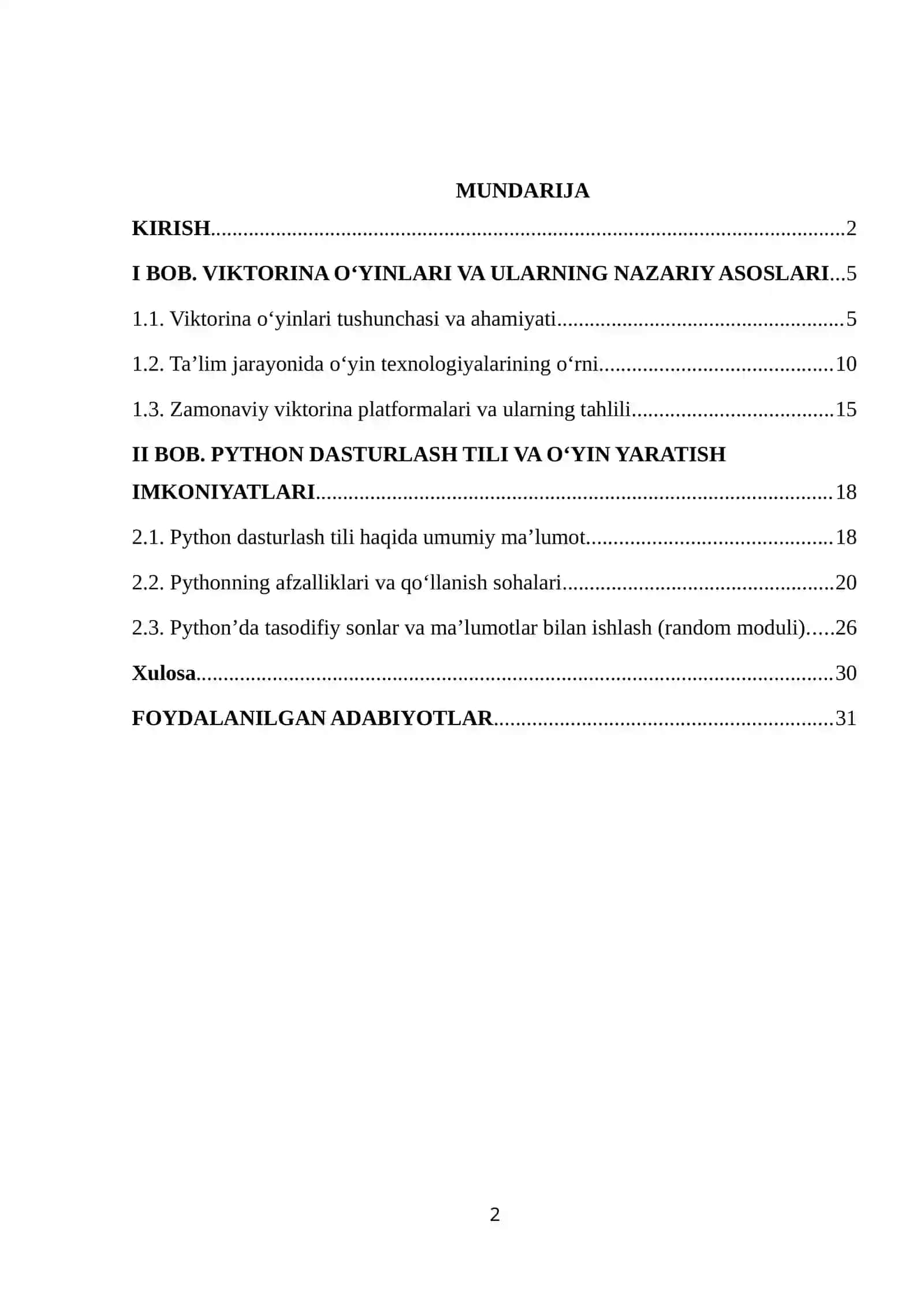 Python dasturlash tilida tasodifiy savollar asosida viktorina o'yinini yaratish PDF 2