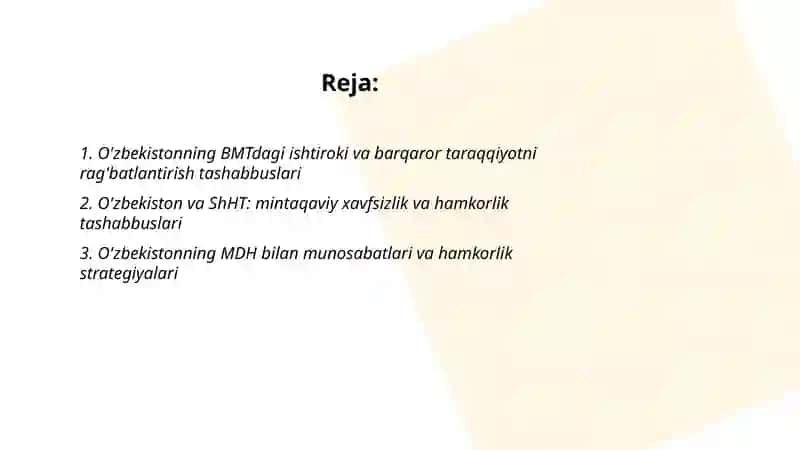 O'zbekistoning xalqaro va mintaqaviy tashkilotlarga a'zo bo'lishi, ishtiroki va amaliy tashabbuslari 2
