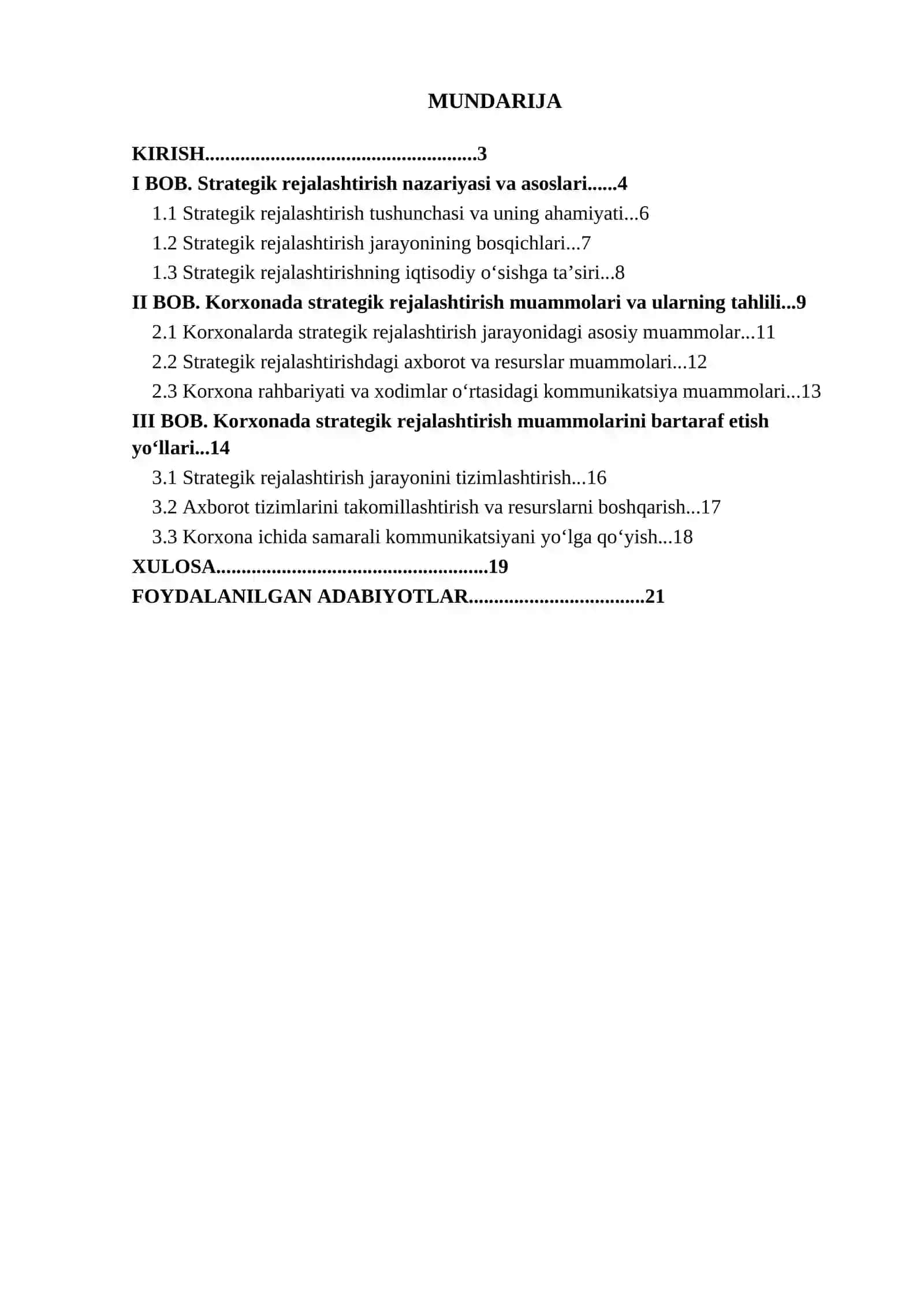 Kurs ishi "Korxonada strategik rejalashtirish muammolari" 2