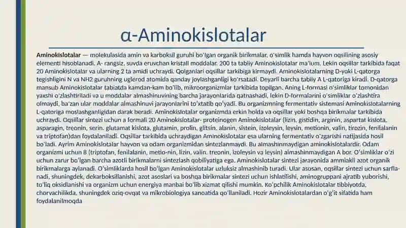 α-Aminokislotalar kofermentlar,garmonlar va vitaminlarning tarkibiy qismi sifatida.Oqsi tabiatli pep 2