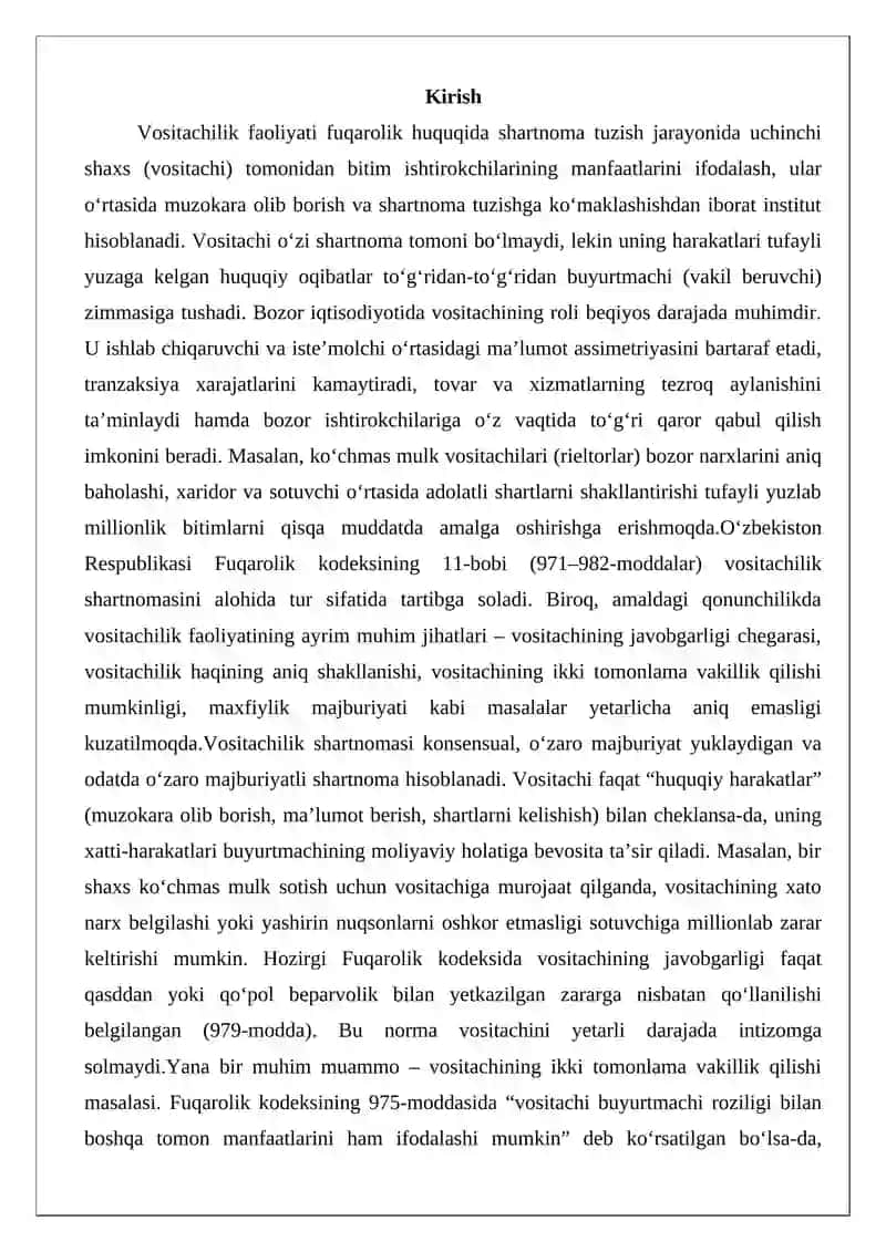 Vositachilik faoliyatini amalga oshirishning fuqarolik - huquqiy asoslarini takomillashtirish 2