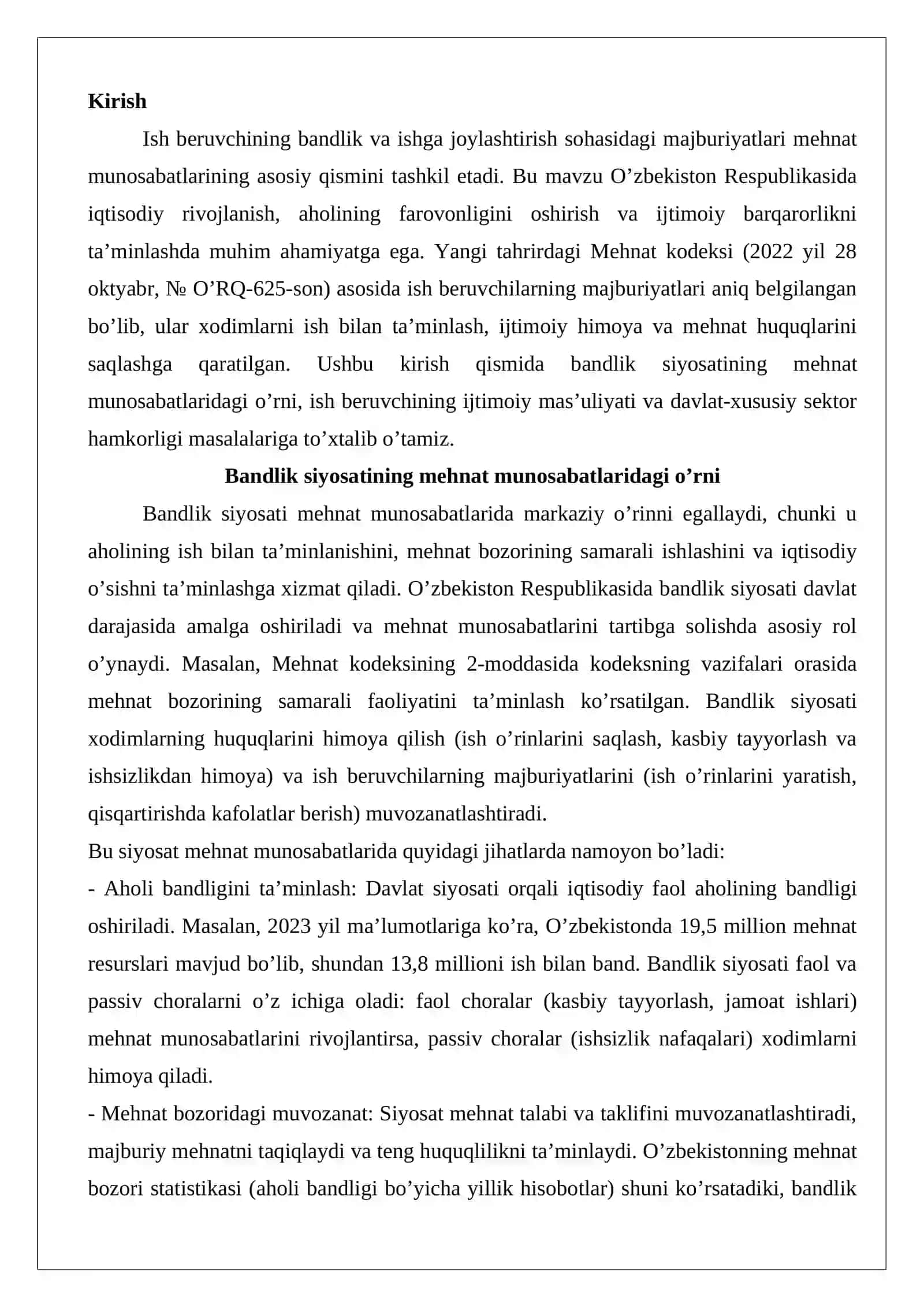 Ish beruvchi tomonidan bandlik va ishga joylashtirish sohasida taqdim etiladigan kafolatlar 2