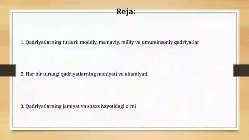 Qadiryatlar turlari moddiy ma'naviy milliy va umum insoniy qadiryatlar 2