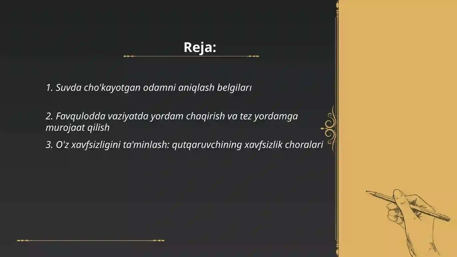 Suvda cho'kayotgan odamga birnichi yordam kursatish 2