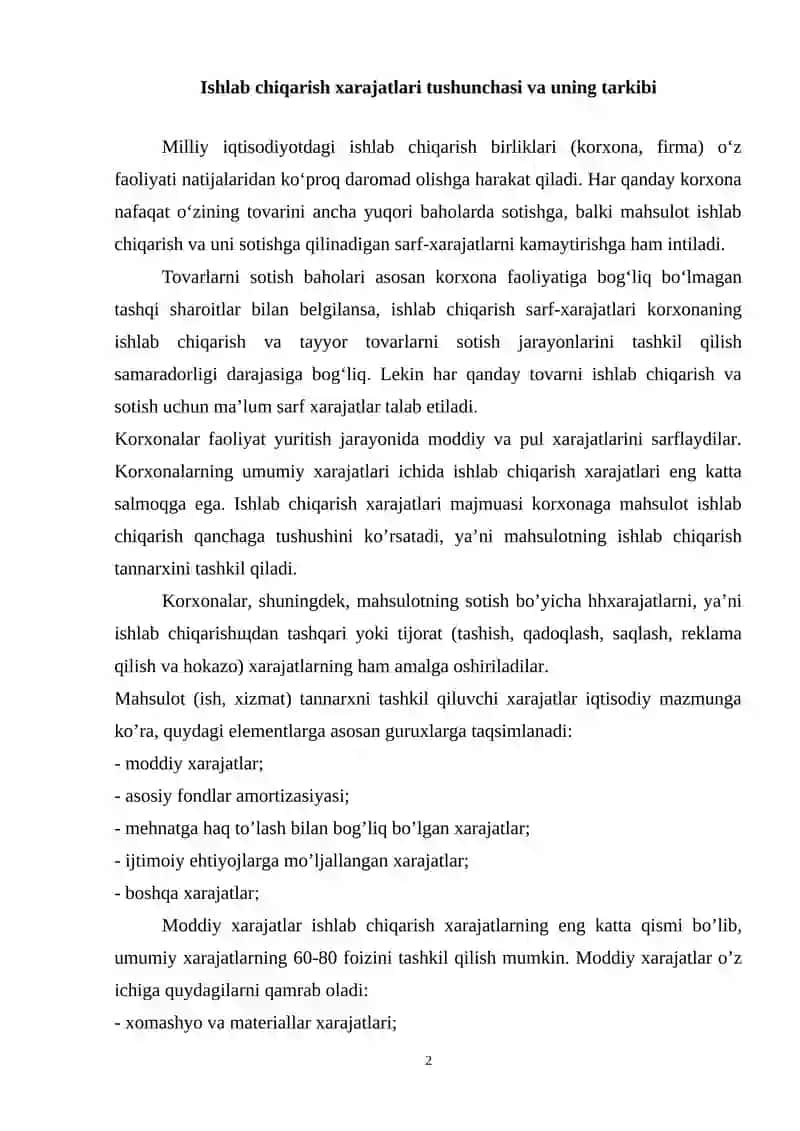 Ishlab chiqarish xarajatlari tushunchasi va uning tarkibi 2
