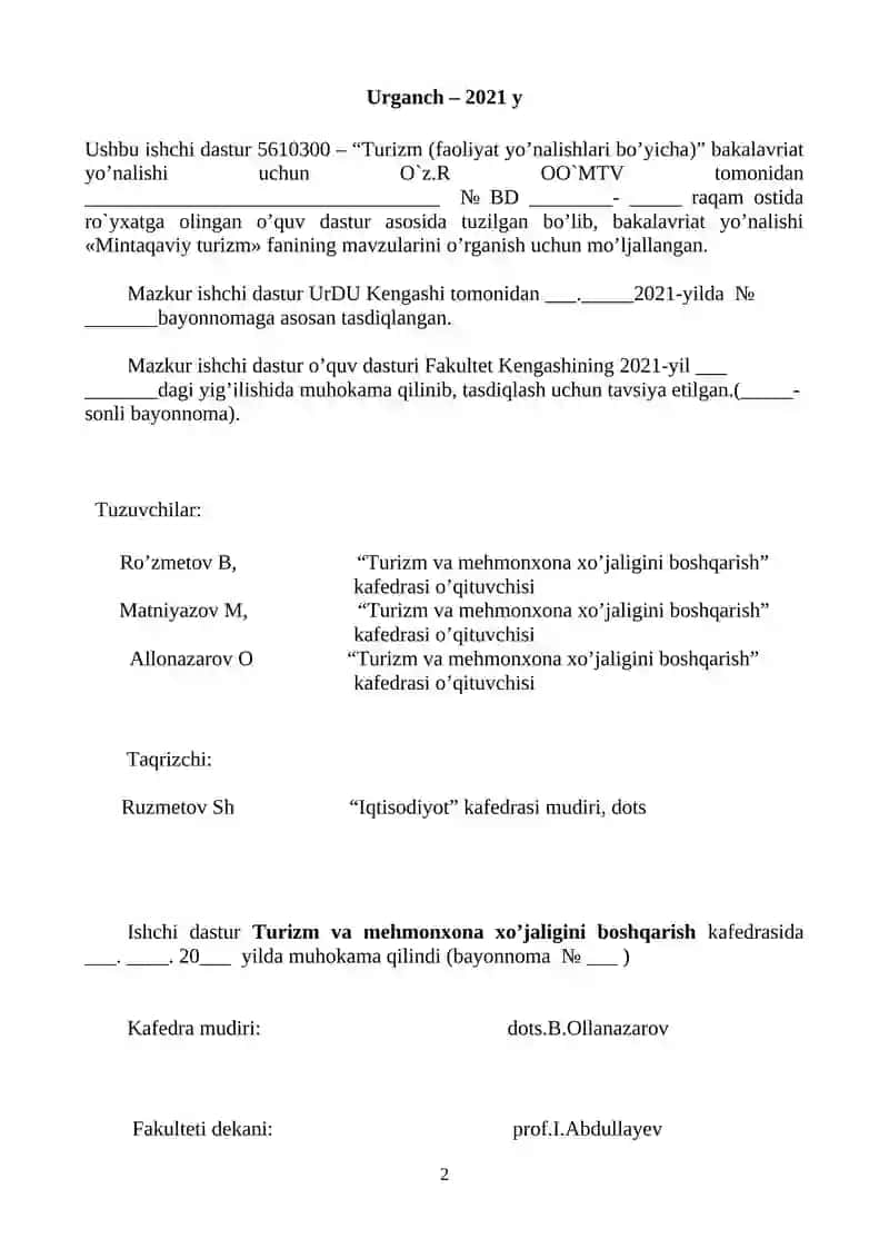 MINTAQAVIY TURIZM FANIDAN ISHCHI O`QUV DASTUR 2