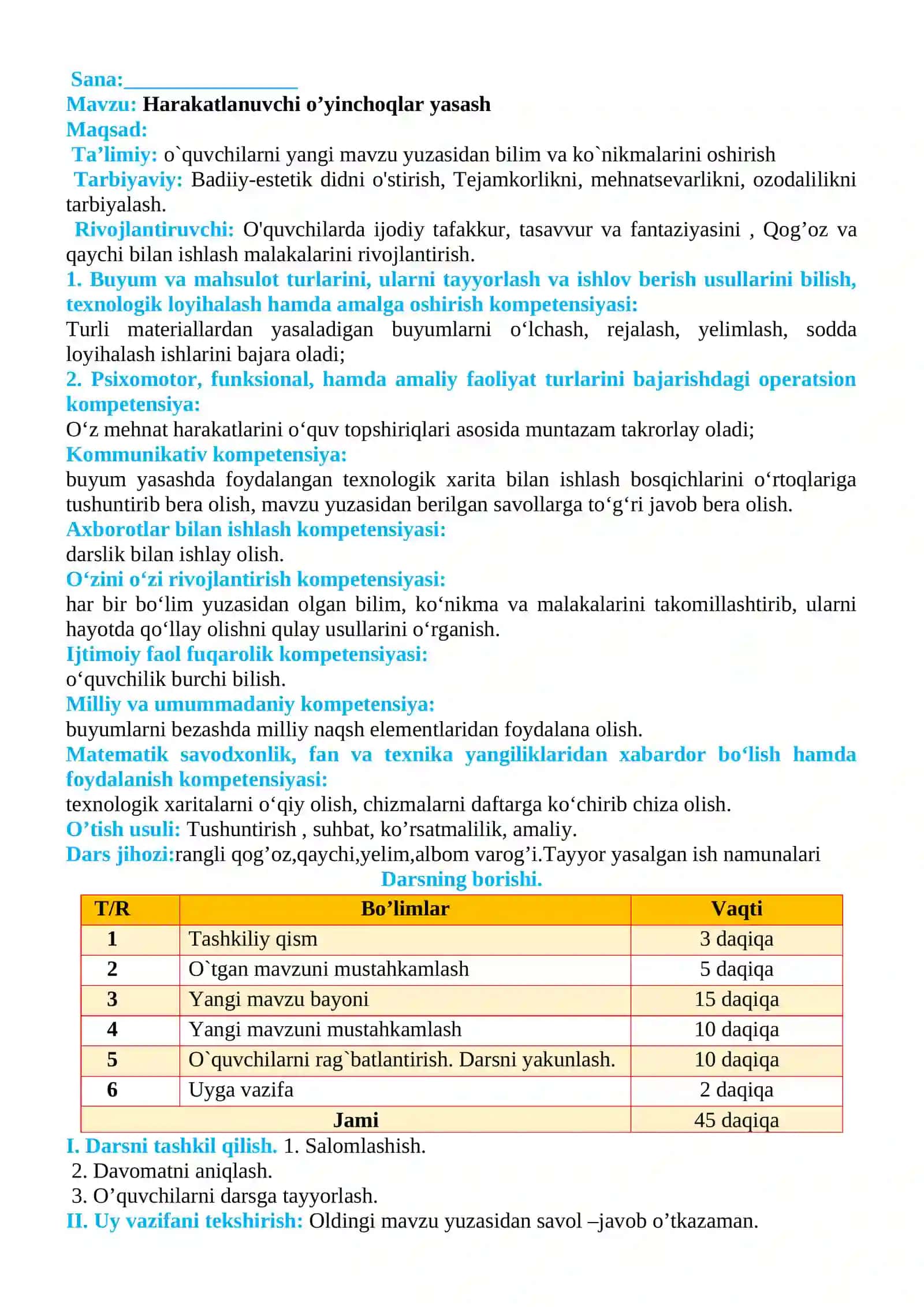4-sinf Texnologiya fanidan Harakatlanuvchi o'yinchoqlar yasash dars ishlanmasi 2