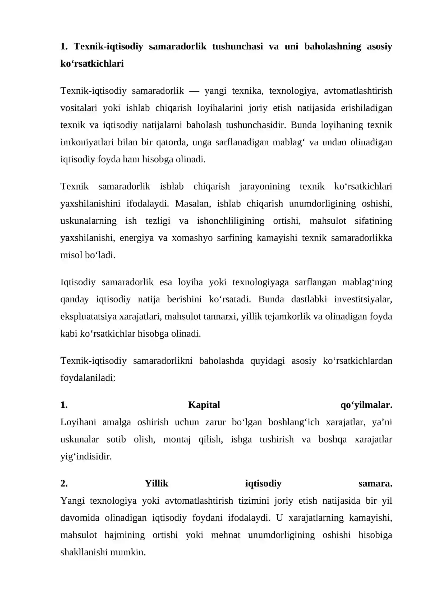 mustaqil ish Texnik-iqtisodiy samaradorlikni hisoblash va baholash usullari. 2