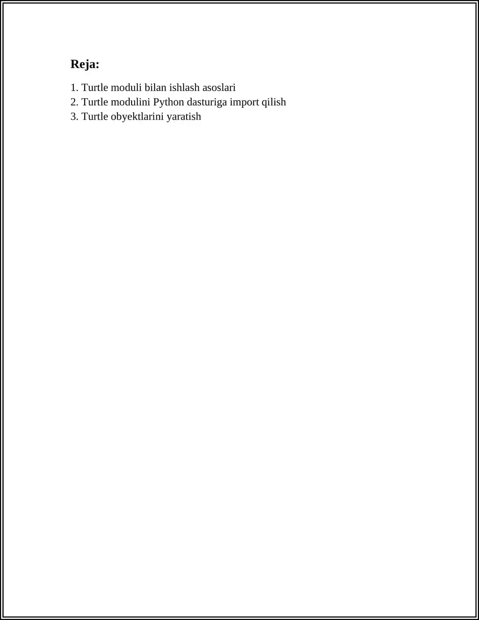 PYTHONNING TURTLE MODULI NIMA VA U BILAN ISHLASH HAMDA TURLI SHAKLLAR CHIZISH 2