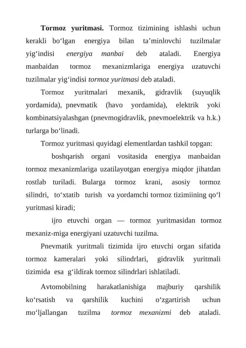 ZAMONAVIY AVTOMOBILLARNING GIDRAVLIK TORMOZ YURITMALARI 2