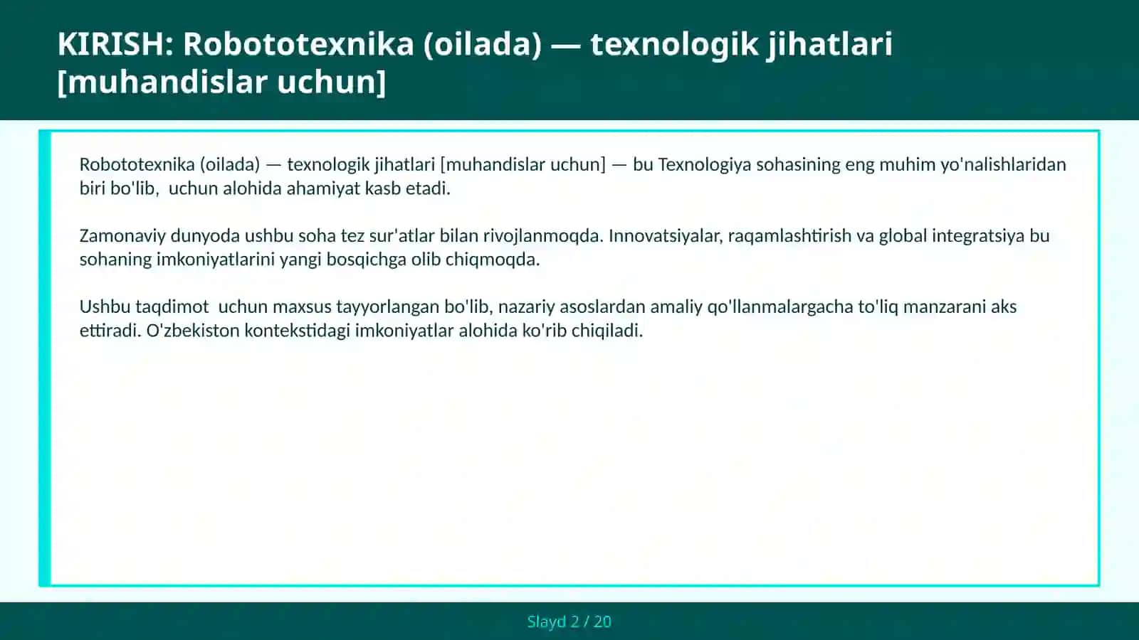 ROBOTOTEXNIKA (OILADA) — TEXNOLOGIK JIHATLARI [MUHANDISLAR UCHUN] 2
