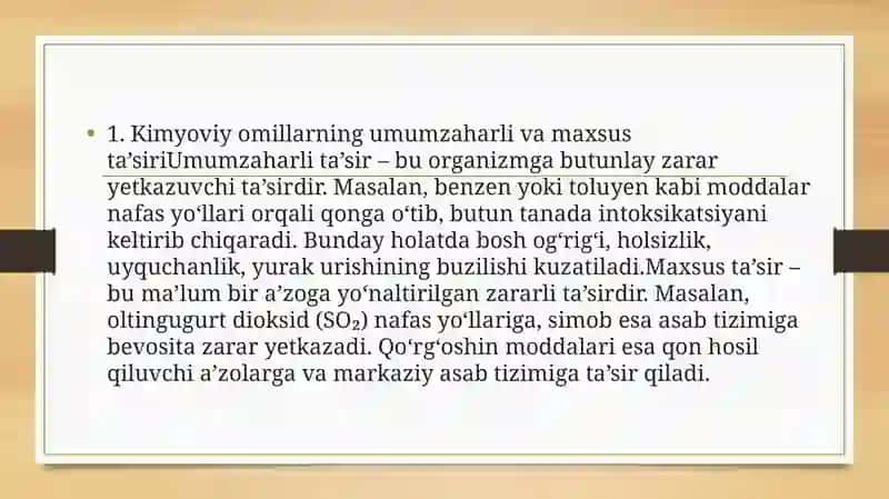 Kimyoviy Omillarning Umumzaharli va Maxsus Ta’sir 2
