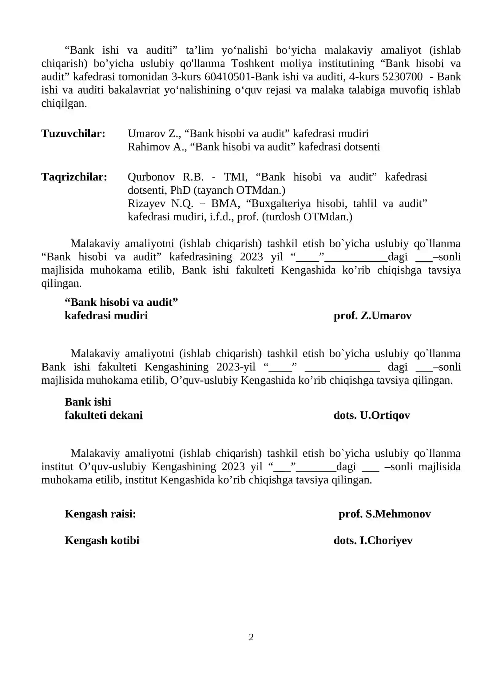 "Bank ishi va auditi" ta’lim yo‘nalishi bo‘yicha malakaviy amaliyotni TASHKIL ETISH BO`YICHA USLUBIY QO`LLANMA (ISHLAB CHIQARISH) 2