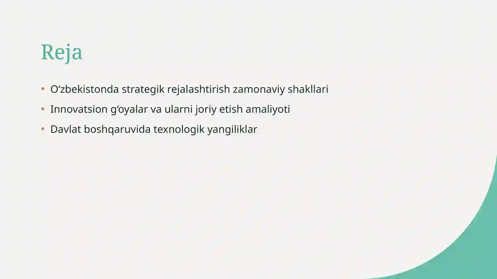 O‘zbekistonda davlat boshqaruvi tizimiga strategik rejalashtirishning zamonaviy shakllari, innovasion g‘oyalar, ishlanmalar va texnologiyalarni joriy etish amaliyoti. 2