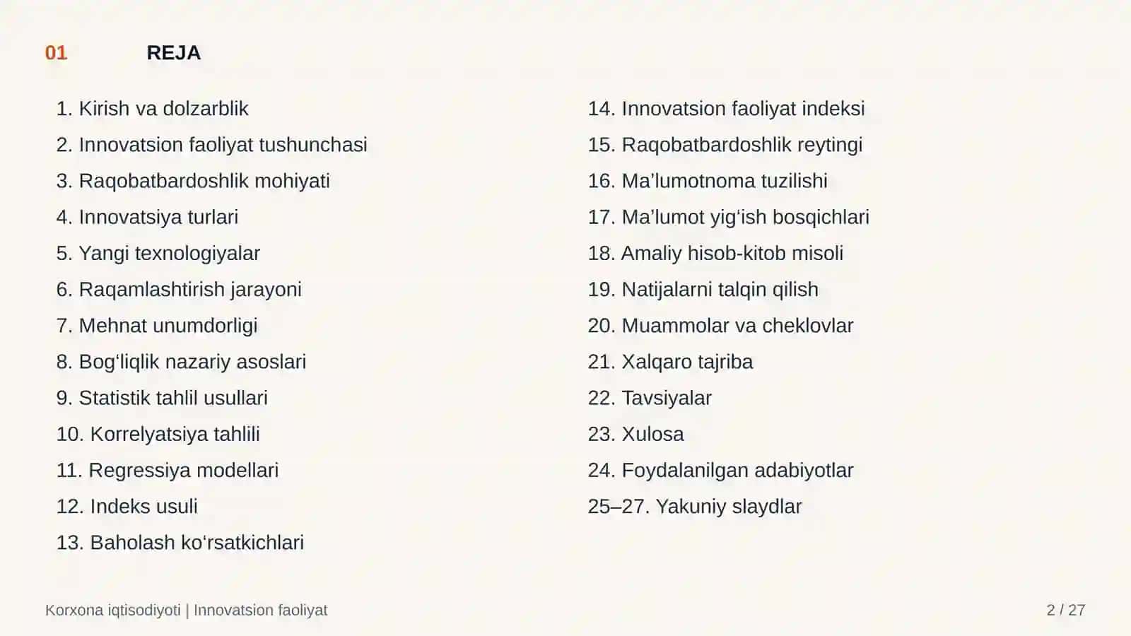 MUSTAQIL ISH Korxonaning innovatsion faoliyati va raqobatbardoshligini baholash bo‘yicha ma’lumotnoma 2