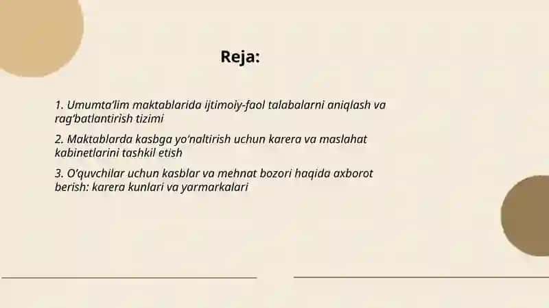 Umumtaʼlim maktablari oʻquvchi yoshlarning ijtimoiy faolligini oshirish, ularni kasbga yoʻnaltirish 2