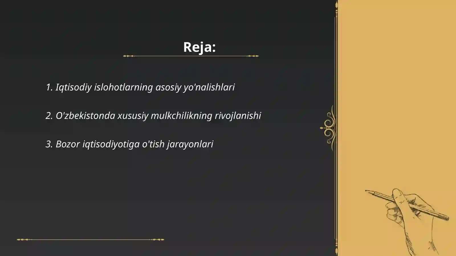 Iqtisodiy islohotlar, xususiy mulkchilikning shakllanishi. O’zbekistonda bozor munosabatlarining rivojlanishi 2