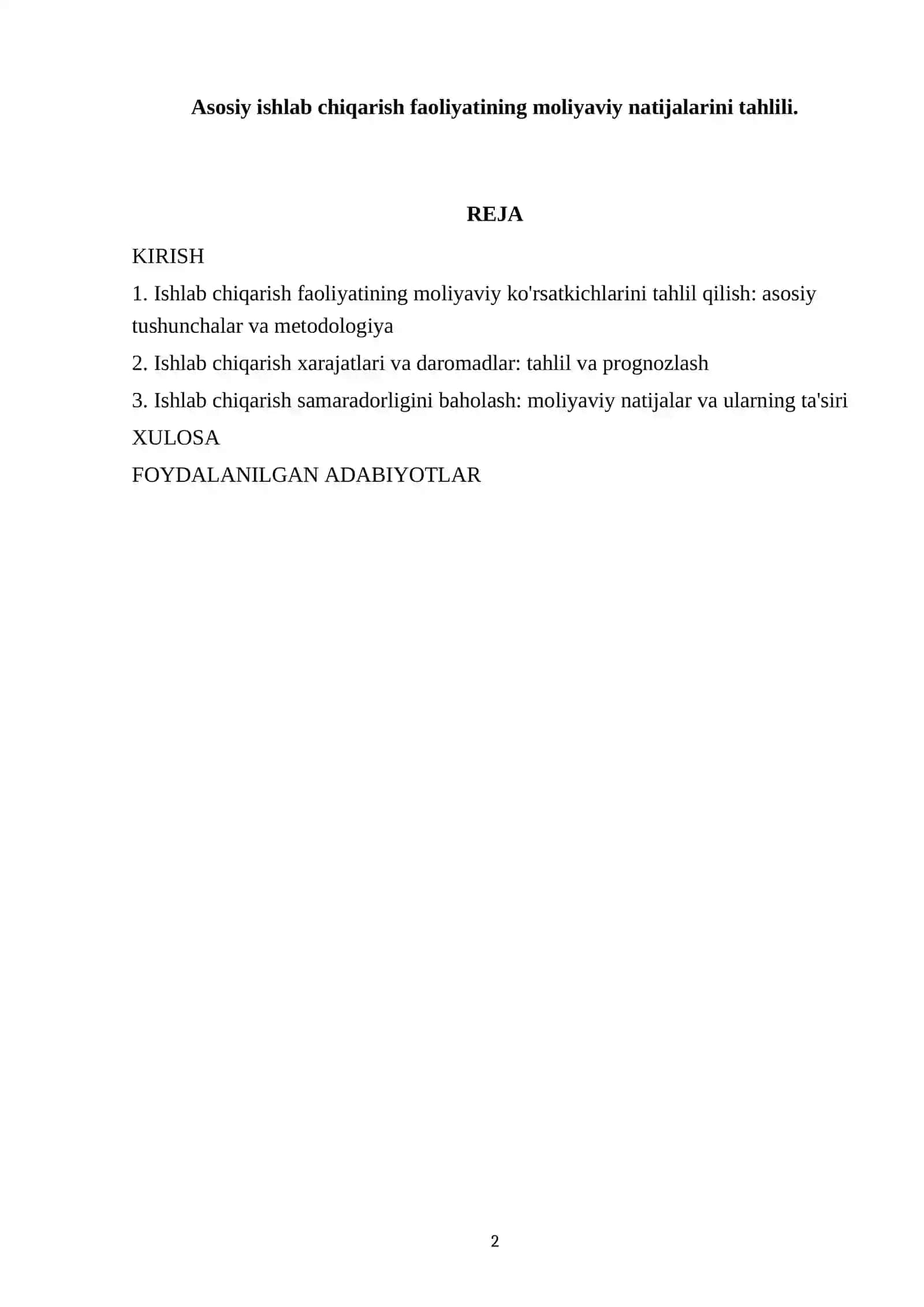 Asosiy ishlab chiqarish faoliyatining moliyaviy natijalarini tahlili 2